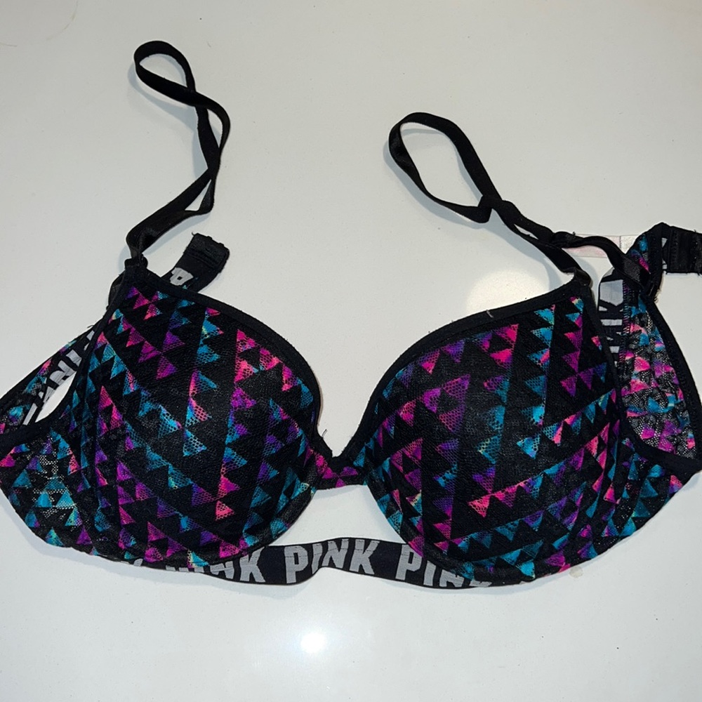 VS Pink bra black with blue, pink, purple triangles